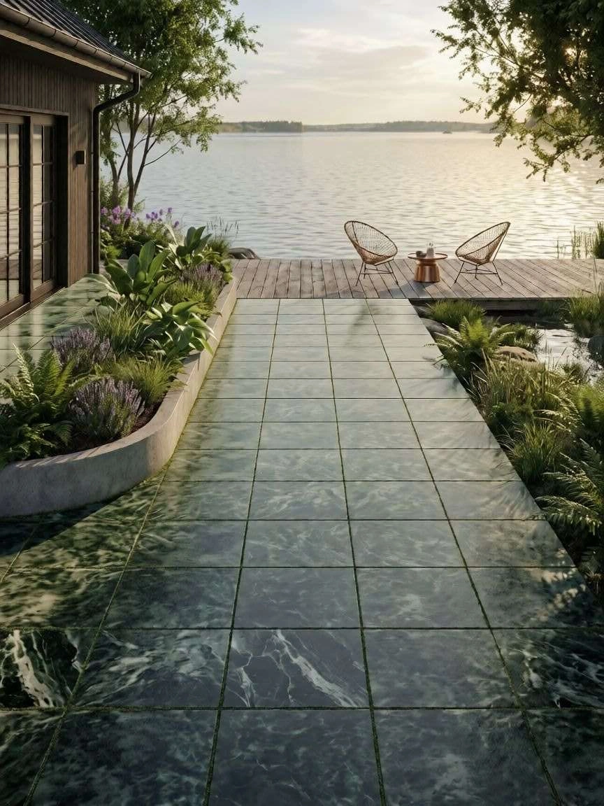 Phối cảnh lối đi lát gạch giữa cây xanh, hướng ra góc nghỉ bên hồ